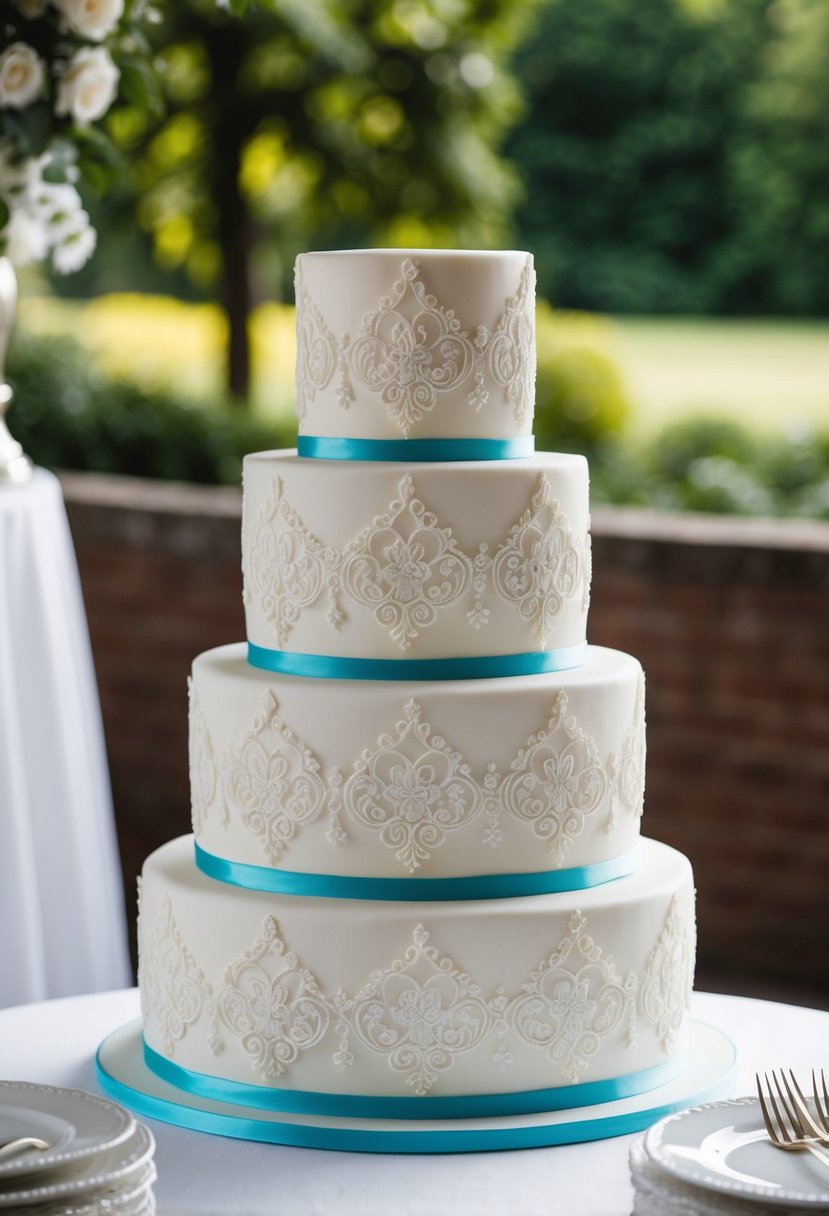 A three-tiered wedding cake adorned with intricate antique lace patterns in a simple and elegant design