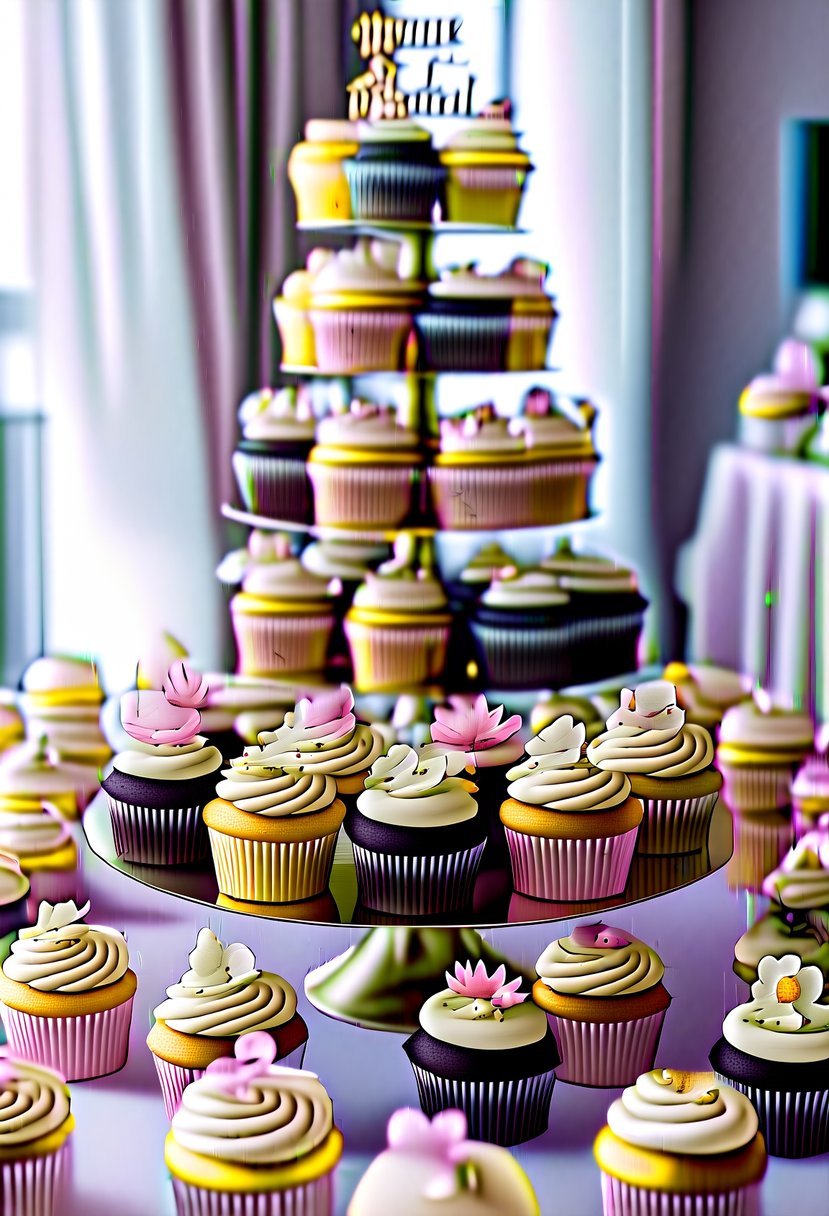 A table filled with beautifully decorated wedding cupcakes in various flavors and designs, adorned with delicate icing, flowers, and elegant toppers