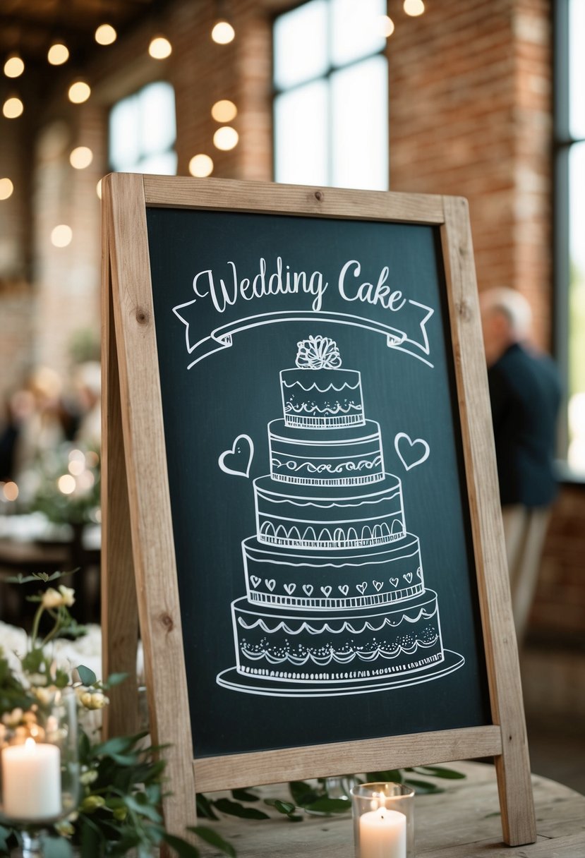 A rustic chalkboard with modern wedding cake designs