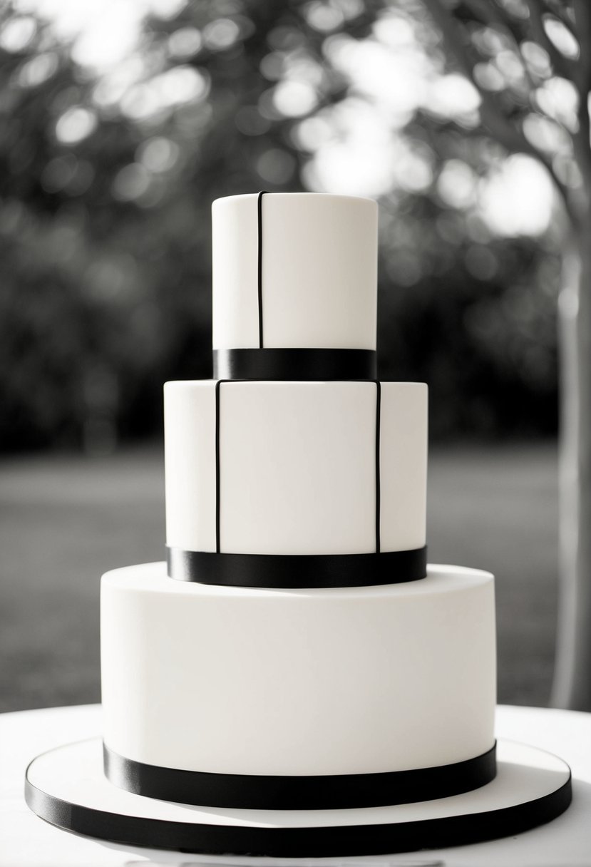 A three-tiered wedding cake with clean lines and minimalistic decorations in black and white