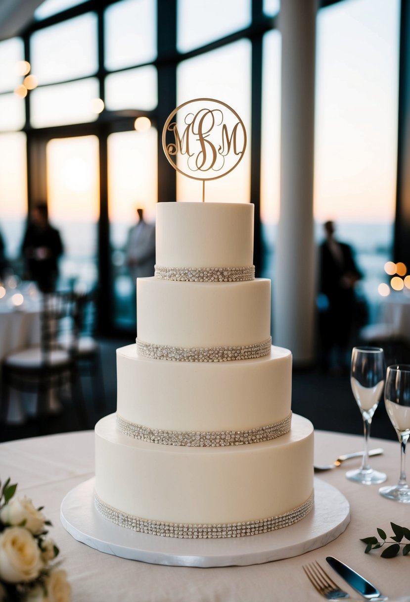 An elegant three-tiered wedding cake with a personalized edible monogram on top, adorned with minimalist modern decorations