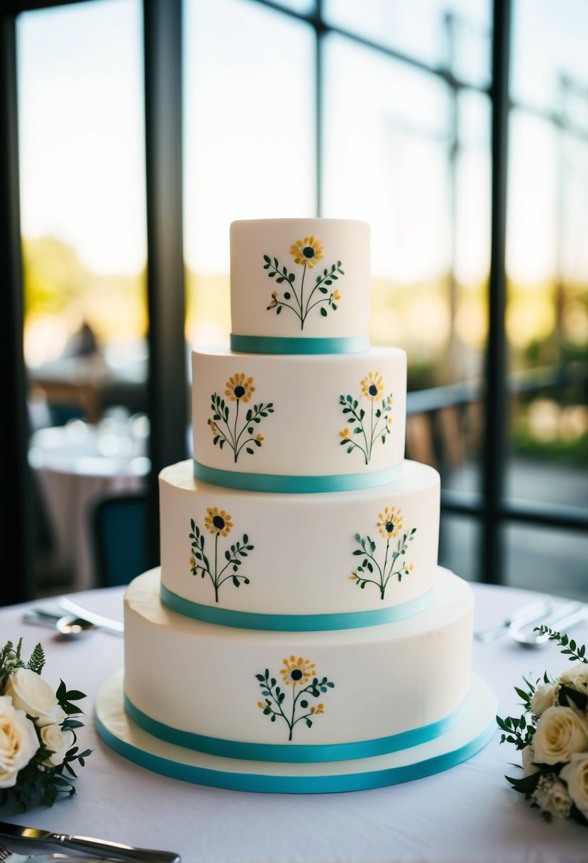 A three-tiered wedding cake adorned with hand-painted floral motifs in a simple, elegant, and modern design