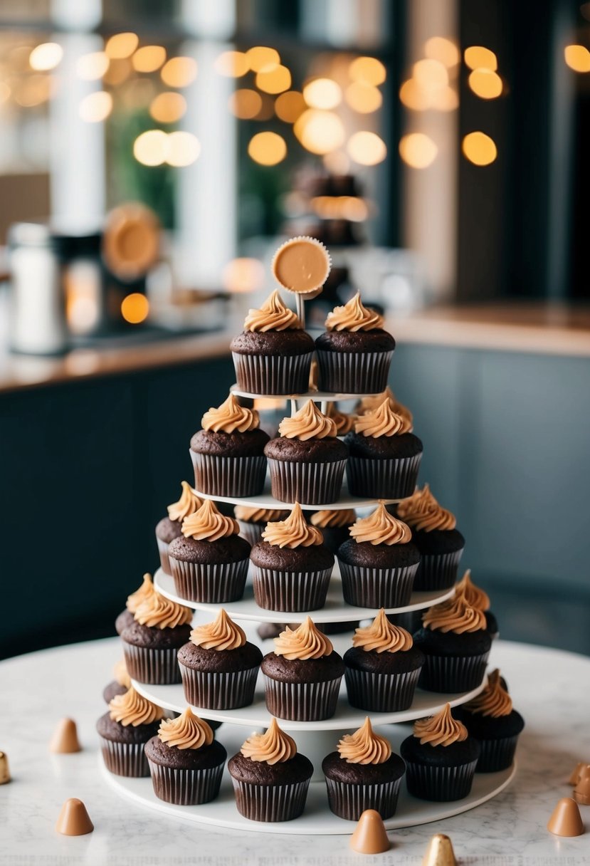 A tiered display of chocolate peanut butter cupcakes with decorative frosting and miniature peanut butter cups on top
