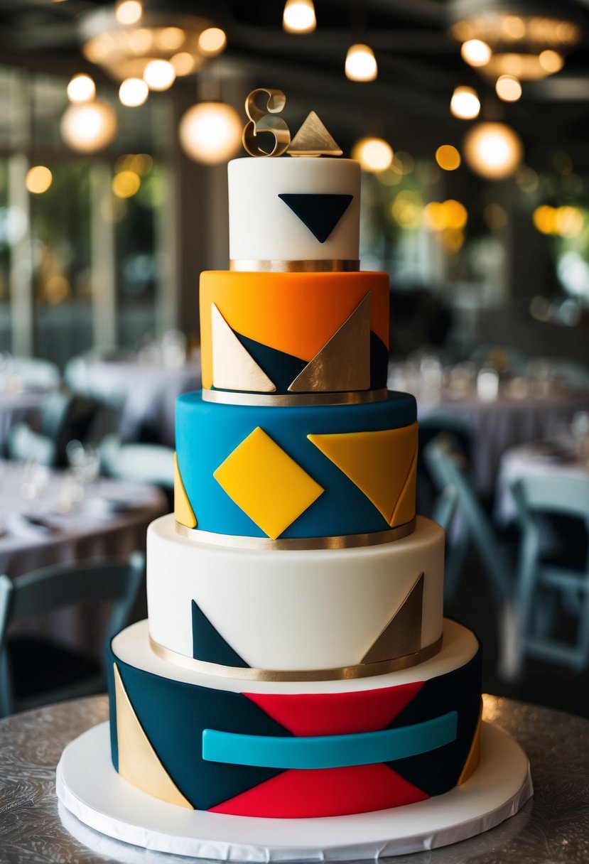A multi-tiered cake with bold, abstract patterns in vibrant colors, adorned with geometric shapes and metallic accents