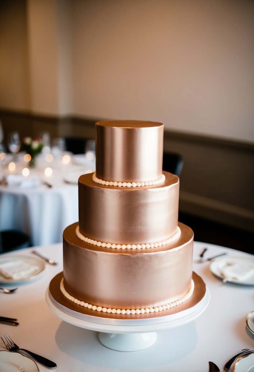 A three-tiered wedding cake with a metallic rose gold finish, adorned with simple and elegant modern designs