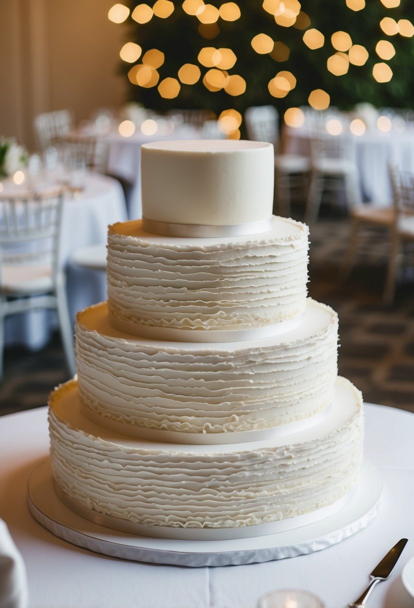 A three-tiered wedding cake with textured ruffle layers in a simple, elegant, and modern design