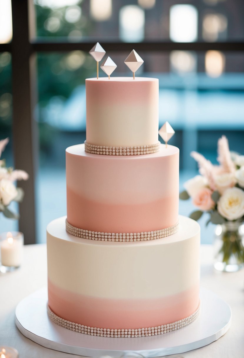 A three-tiered wedding cake with smooth ombre gradients in shades of blush pink and ivory, adorned with minimalistic and modern geometric accents