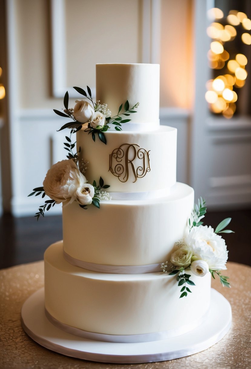 A tiered wedding cake with a chic monogram design, adorned with elegant floral accents