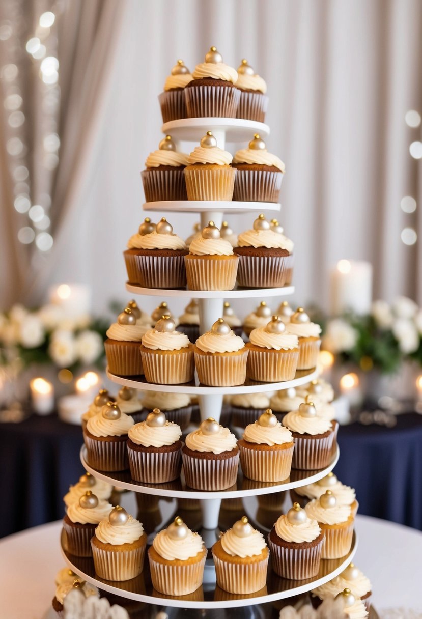 A tower of salted caramel crunch cupcakes, adorned with gold accents and edible pearls, set against a backdrop of elegant wedding decor