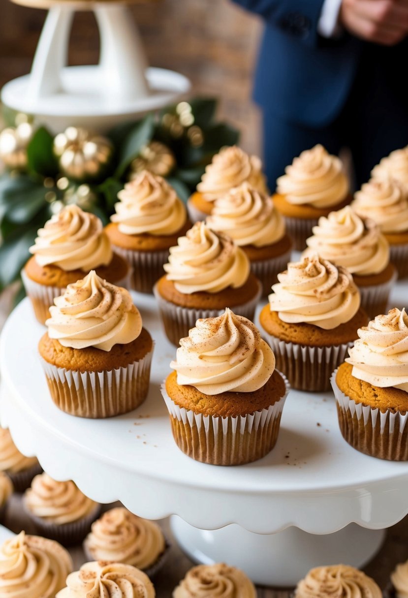 A table adorned with pumpkin spice latte-themed wedding cupcakes, topped with creamy frosting and sprinkled with cinnamon and nutmeg