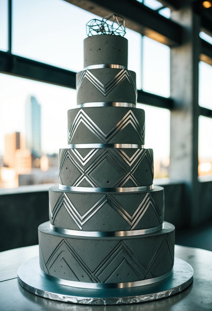 A towering wedding cake made entirely of industrial concrete, with intricate geometric patterns and metallic accents