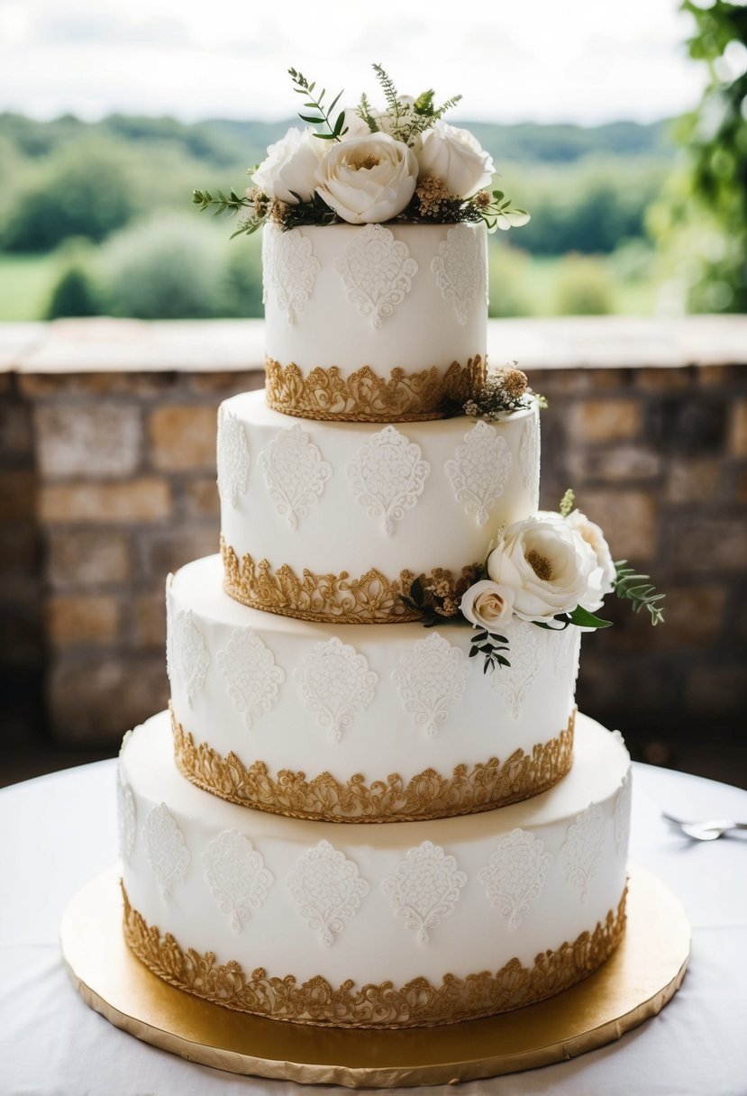 A three-tiered white and gold lace wedding cake with intricate floral details