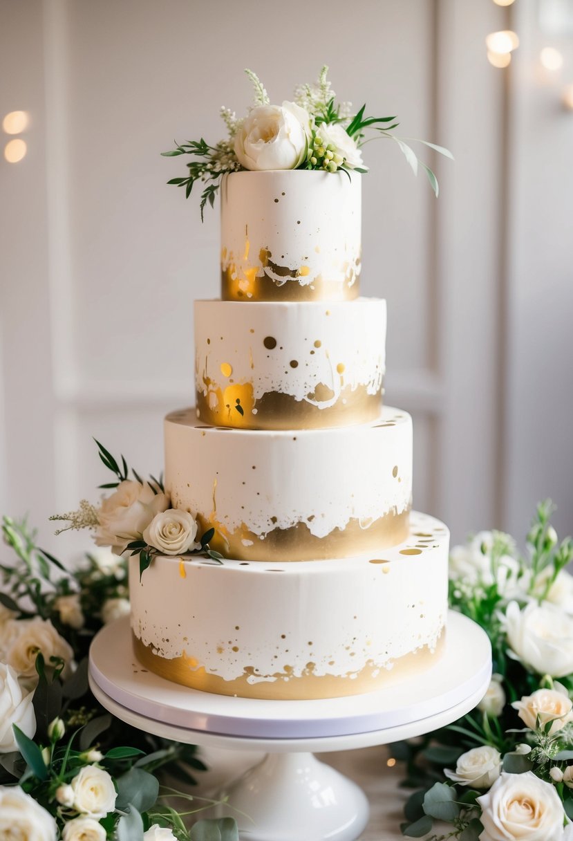 A three-tiered wedding cake with gold splatter watercolor design, adorned with delicate gold accents and surrounded by elegant floral arrangements