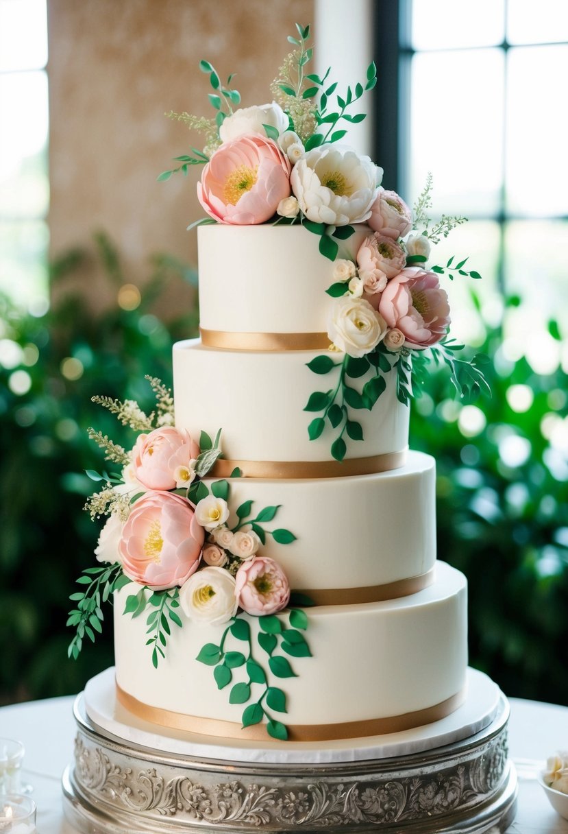 A three-tiered wedding cake adorned with cascading sugar flowers in shades of pink, white, and green, with delicate greenery and gold accents