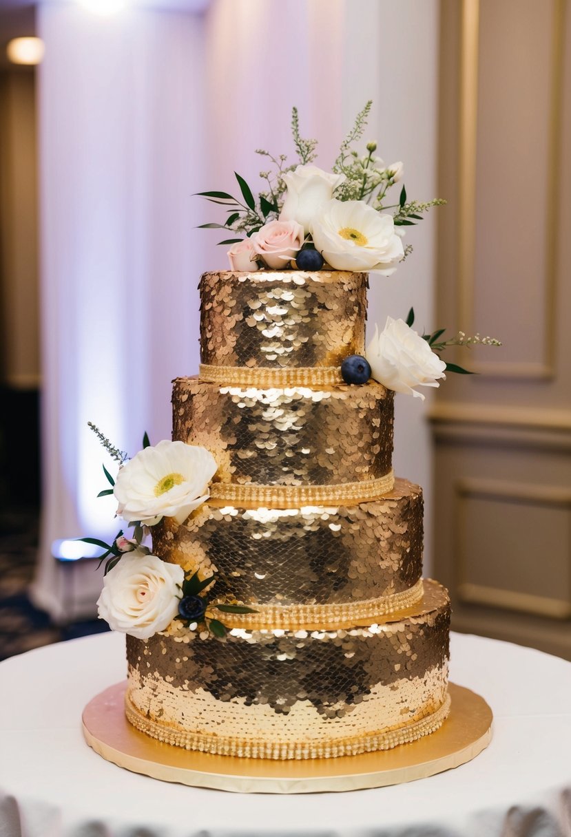 A three-tiered wedding cake covered in shimmering gold sequins and adorned with elegant floral accents