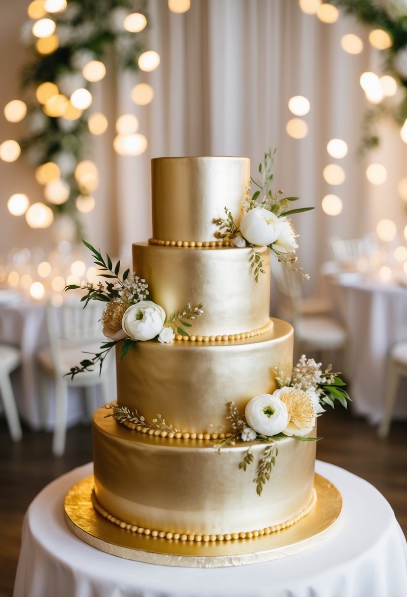A three-tiered gold mirror glaze cake adorned with delicate edible gold leaf and intricate floral decorations