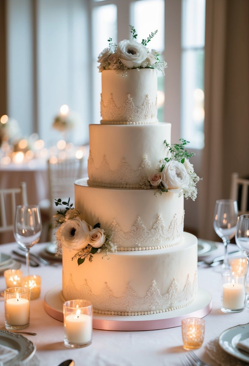A three-tiered wedding cake adorned with delicate floral and lace details, surrounded by soft candlelight and elegant table settings