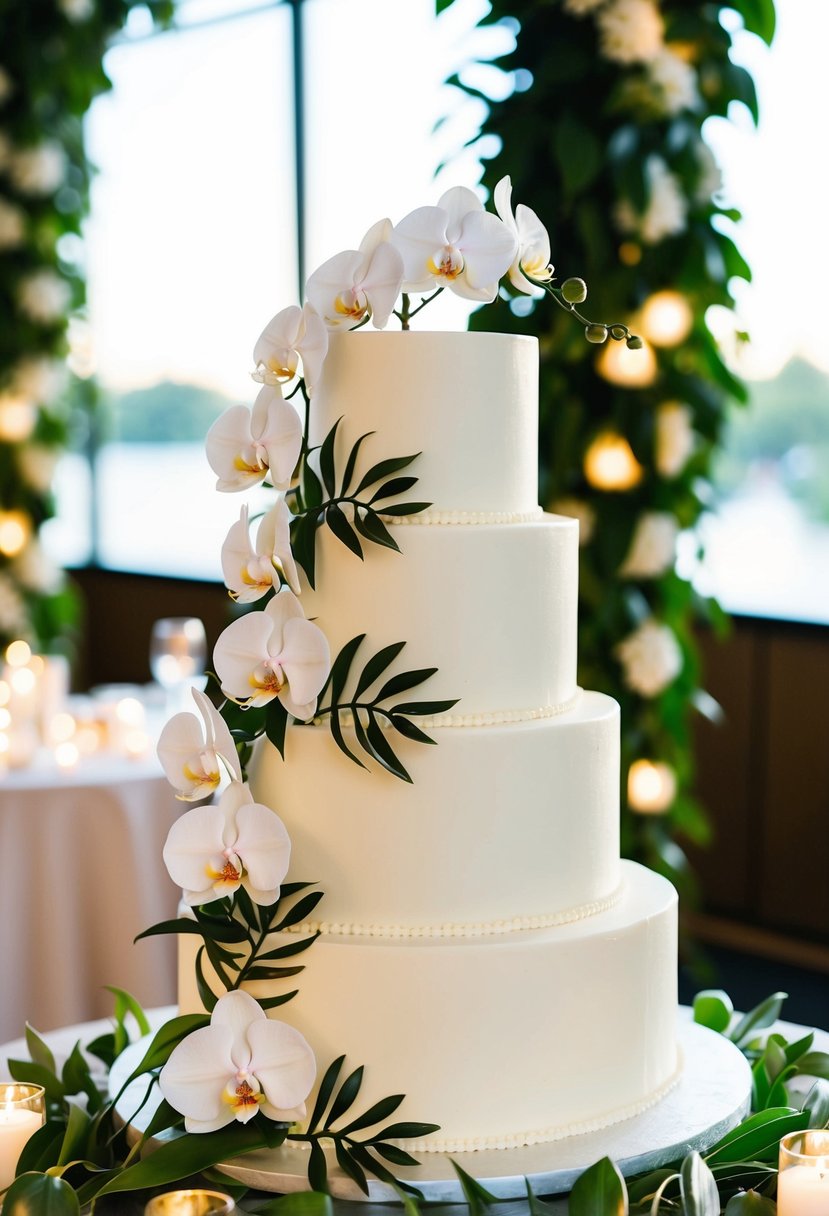 A tiered wedding cake adorned with cascading orchids and foliage