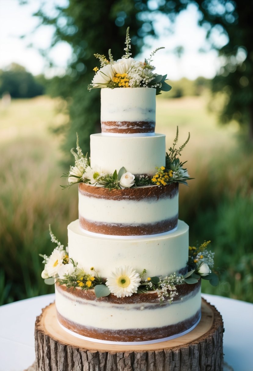 A three-tiered wedding cake adorned with rustic wildflowers in a natural, outdoor setting