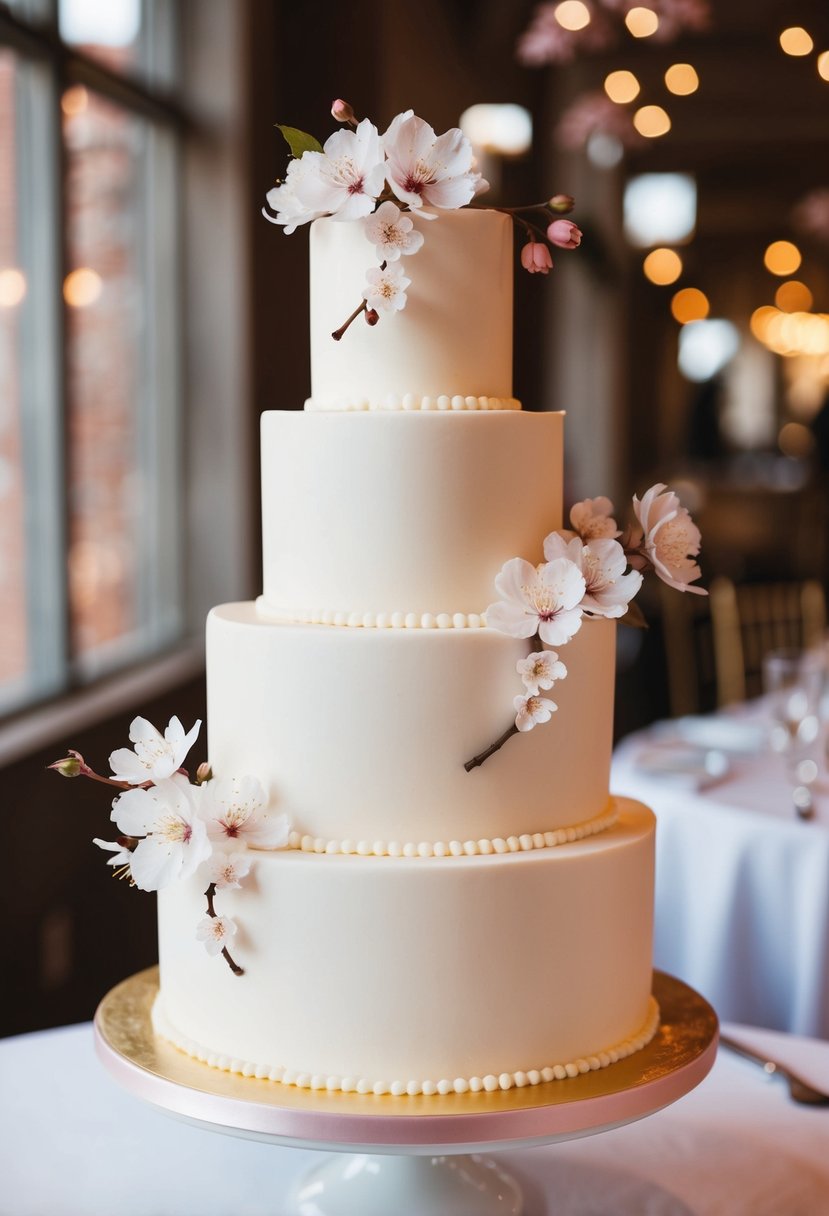 A three-tiered wedding cake adorned with delicate cherry blossom accents