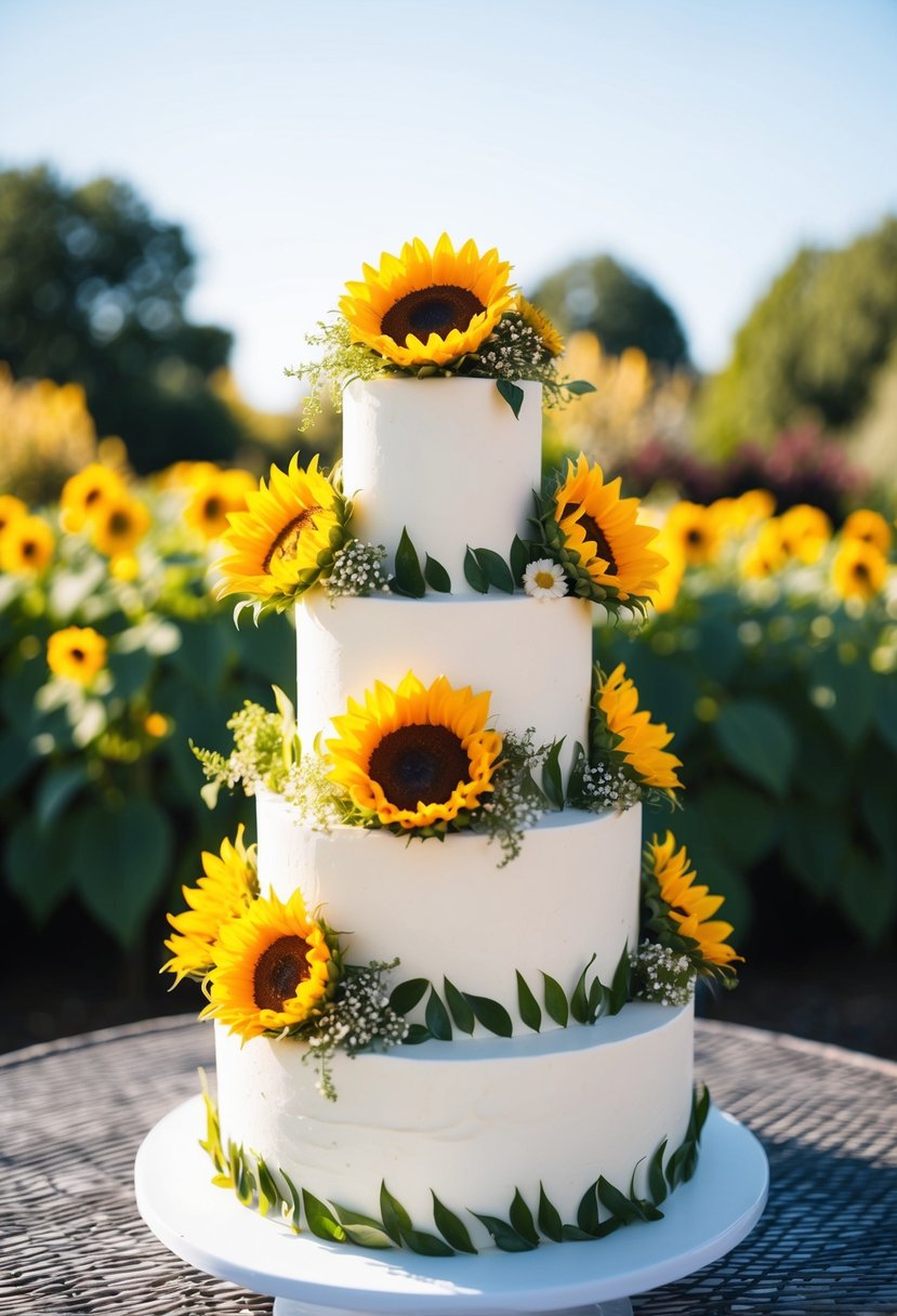 A three-tiered wedding cake adorned with vibrant sunflowers and greenery, set against a backdrop of a sunny garden