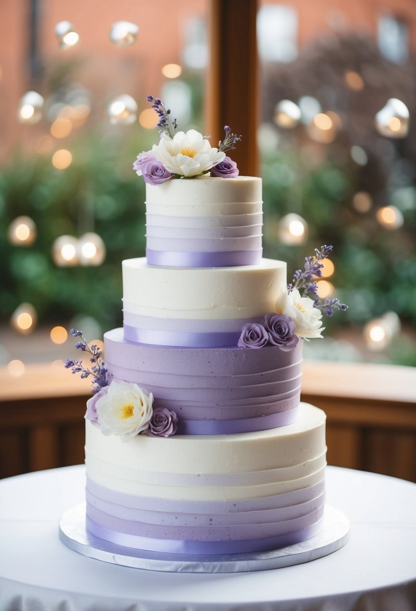 A three-tiered wedding cake with lavender buttercream layers and delicate flower decorations