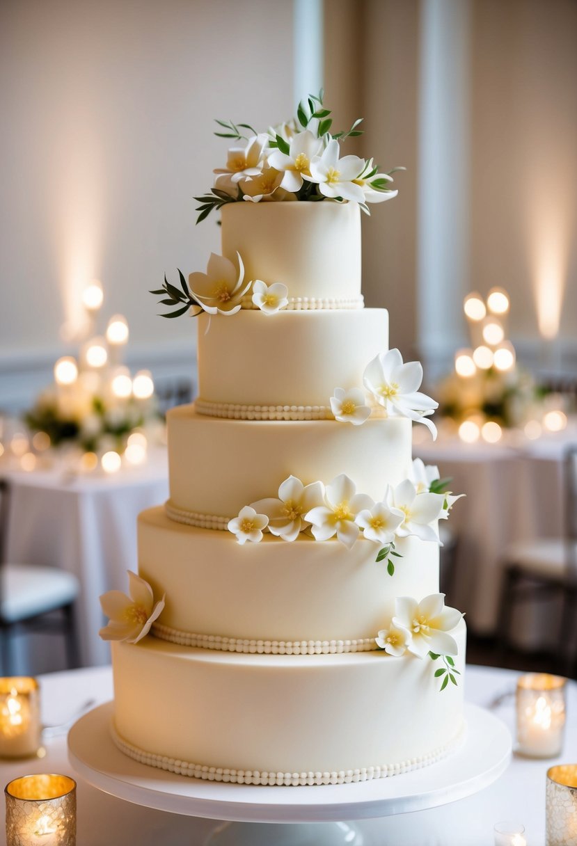 A tiered wedding cake adorned with delicate sugar flowers in shades of jasmine, creating a romantic and elegant centerpiece