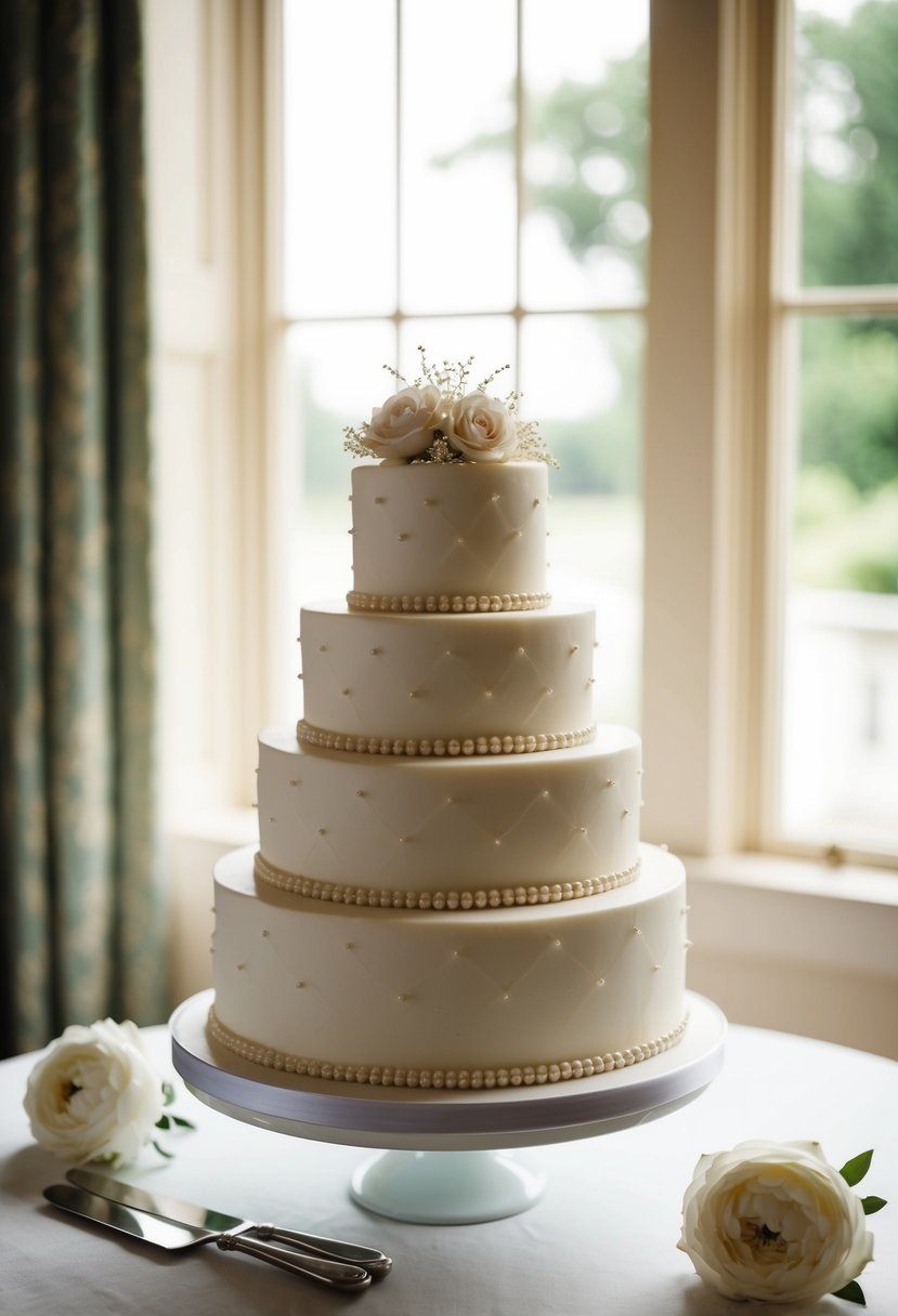 A three-tiered wedding cake adorned with vintage pearls and elegant details