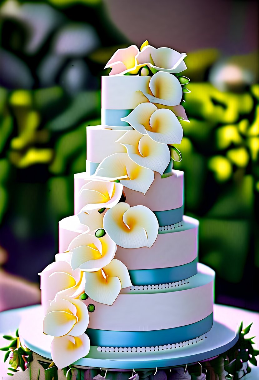 A tiered wedding cake adorned with cascading gardenias