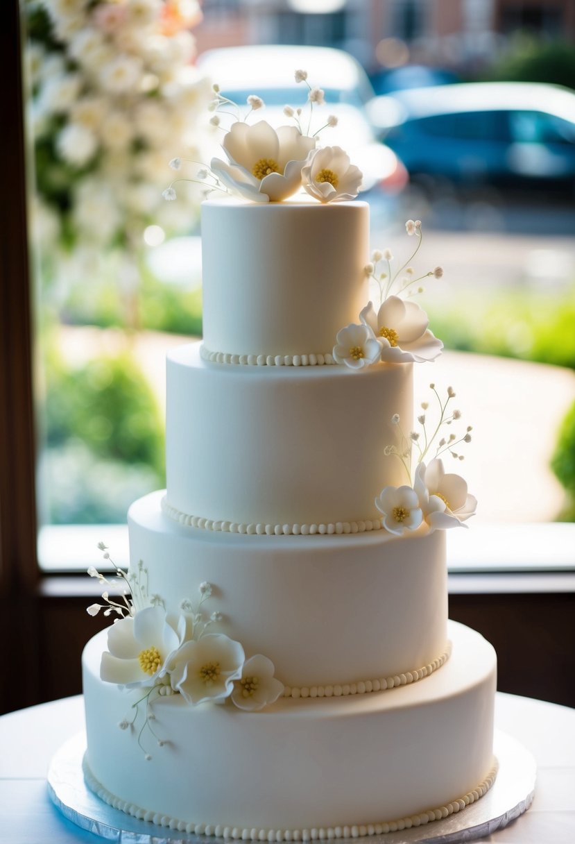 A three-tiered white fondant wedding cake adorned with delicate sugar flowers and elegant piping designs