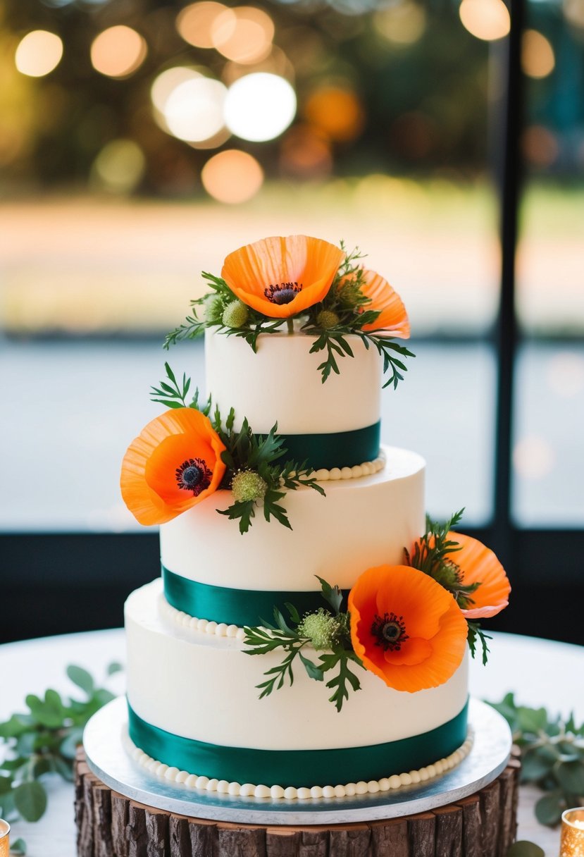 A tiered wedding cake adorned with vibrant poppy flowers and greenery