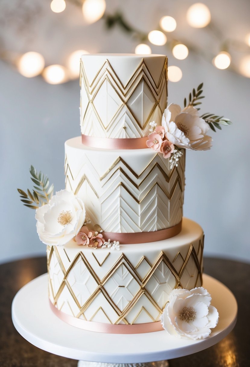 A three-tiered cake with intricate geometric patterns in shades of white, gold, and blush, adorned with delicate sugar flowers and metallic accents