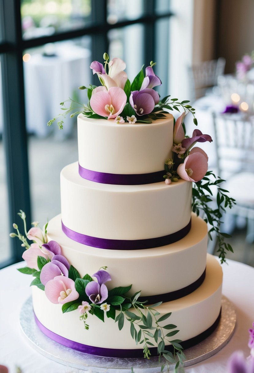 A three-tiered wedding cake adorned with delicate sweet pea flowers in shades of pink and purple, with elegant green foliage cascading down the sides