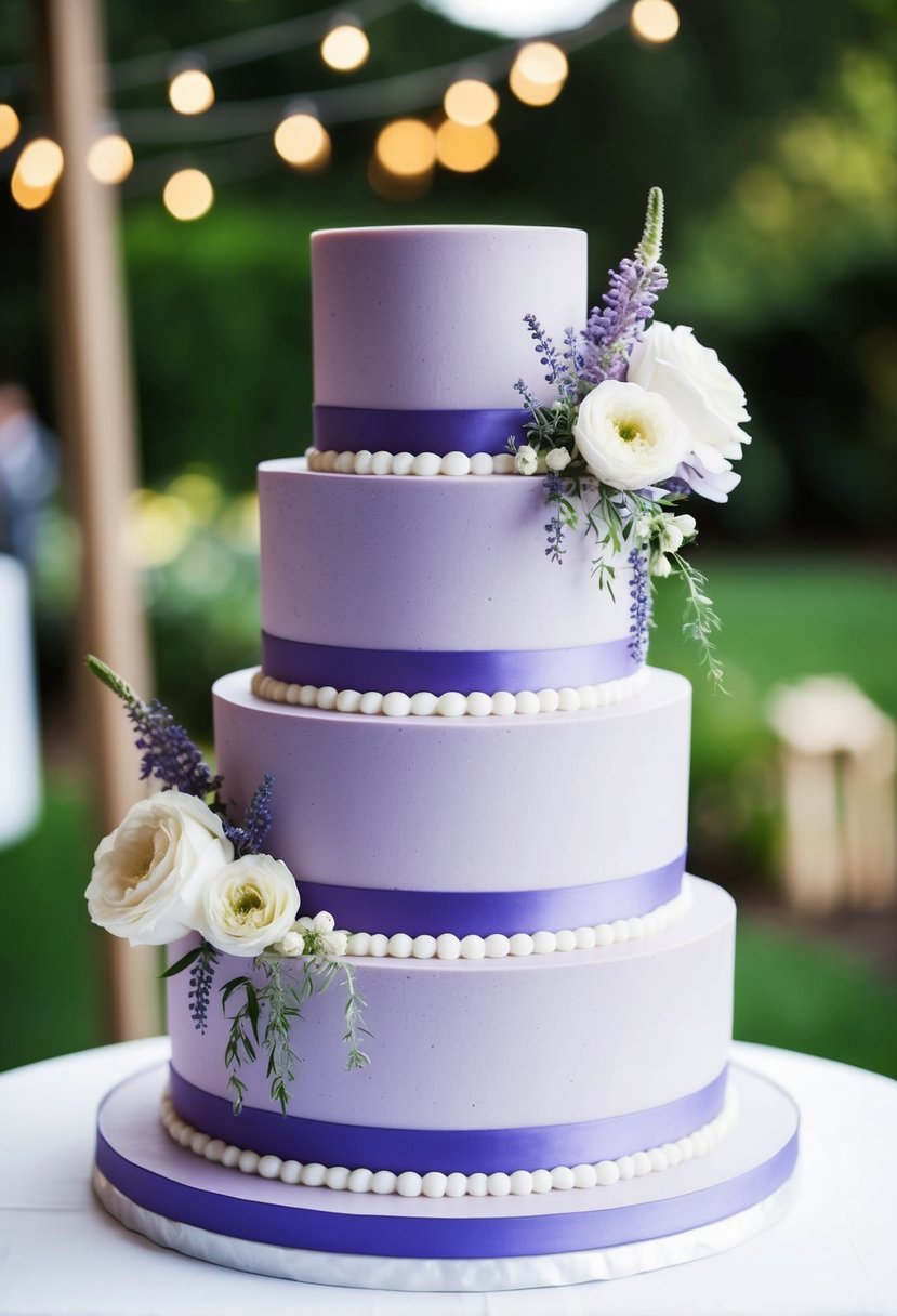 A three-tiered wedding cake with delicate lavender frosting and cascading floral decorations
