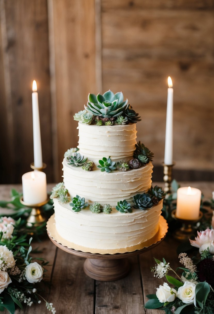 A three-tiered Bohemian Ruffle Cake adorned with elegant succulents sits on a rustic wooden table, surrounded by soft candlelight and delicate floral arrangements