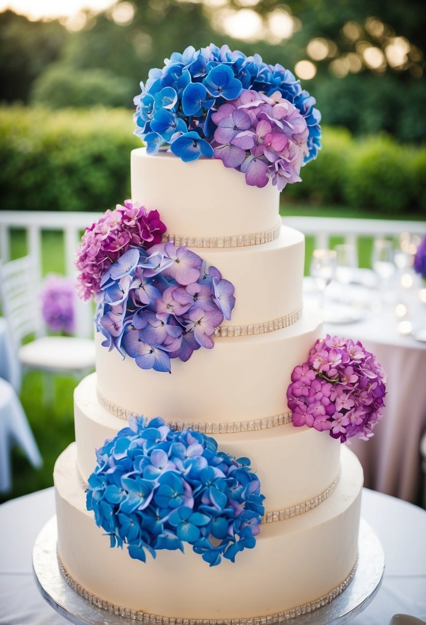 A three-tiered wedding cake adorned with vibrant hydrangea flowers in shades of blue, purple, and pink, creating a harmonious and elegant display