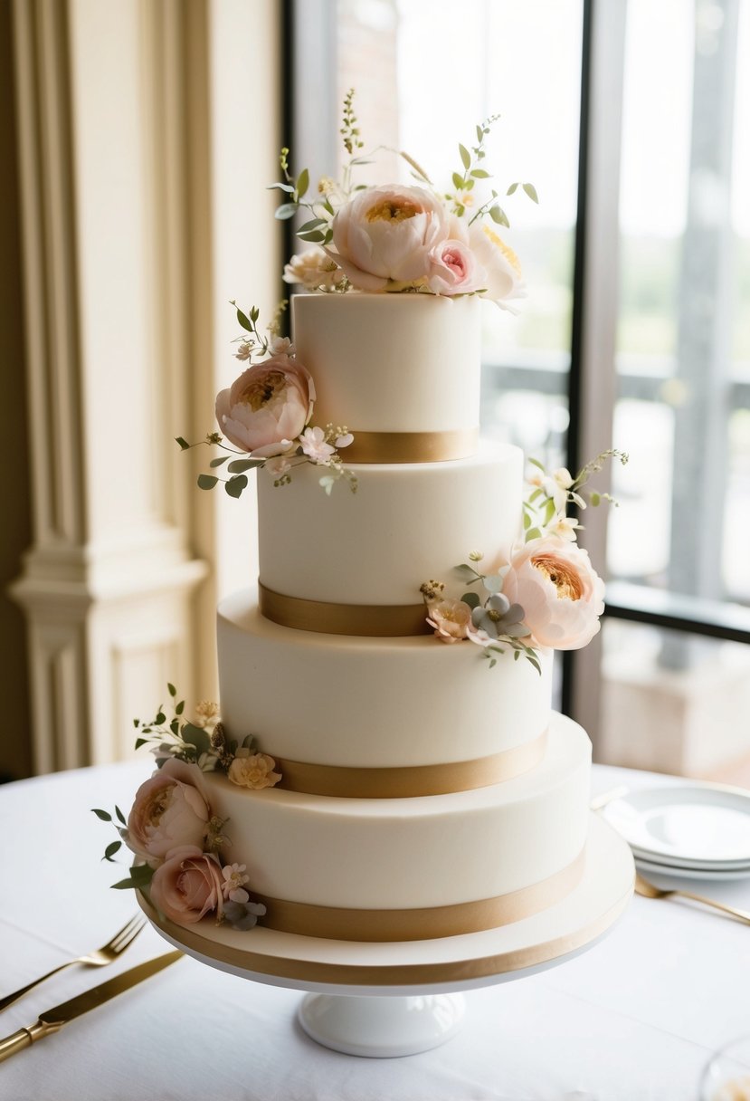 A three-tiered wedding cake adorned with delicate watercolor pastel flowers and elegant gold accents