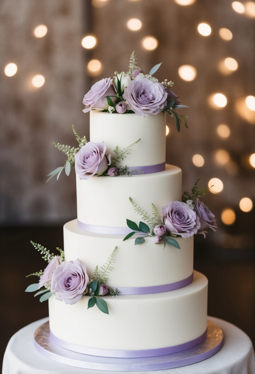 A three-tiered wedding cake adorned with lilac pastel flowers and delicate greenery