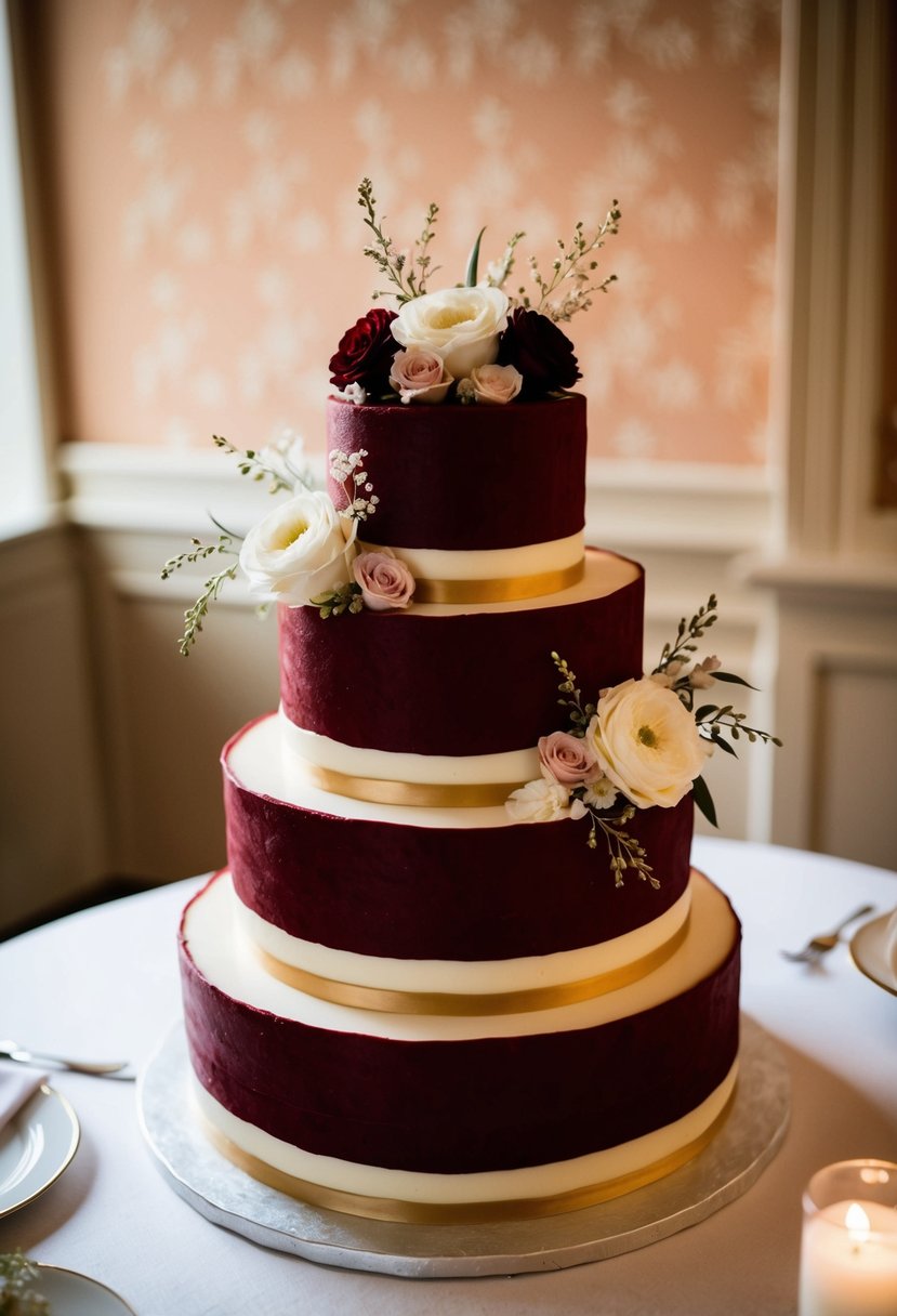 A three-tiered red velvet wedding cake with cream cheese frosting, adorned with delicate floral decorations and elegant gold accents