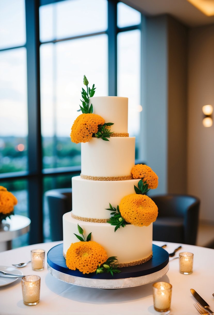 A three-tier wedding cake adorned with vibrant marigold flowers in a modern, elegant setting