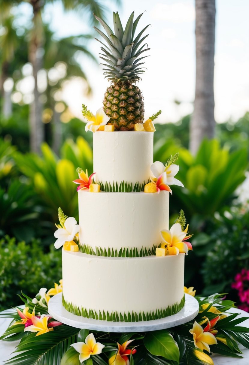 A three-tiered wedding cake adorned with tropical coconut and pineapple, surrounded by lush greenery and vibrant flowers