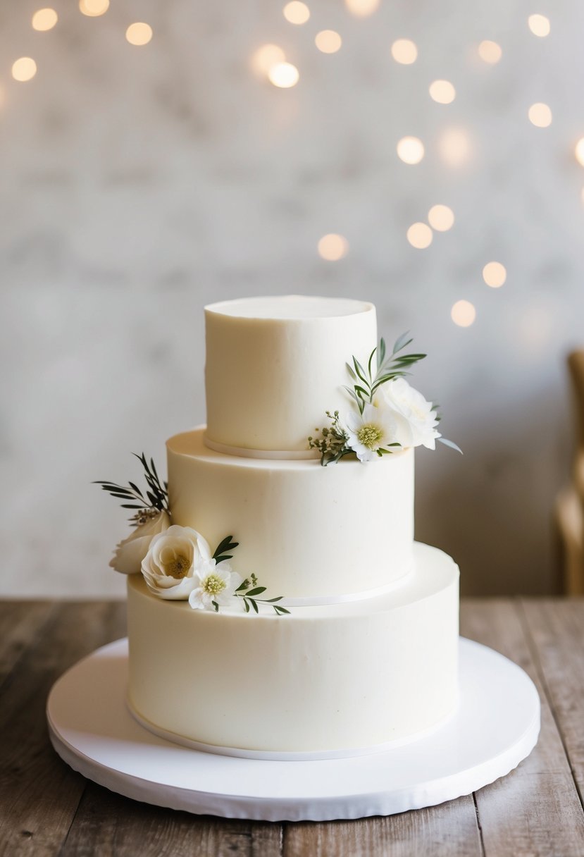 A simple, single-tier wedding cake with clean lines and delicate floral accents