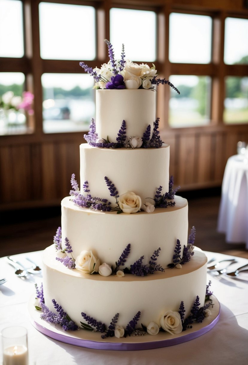 A three-tiered wedding cake adorned with lavender and white floral decorations