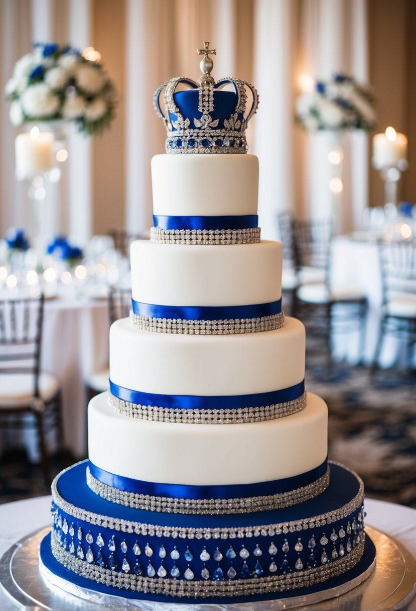 A three-tiered cake adorned with royal blue and silver embellishments, set against a backdrop of elegant wedding decor