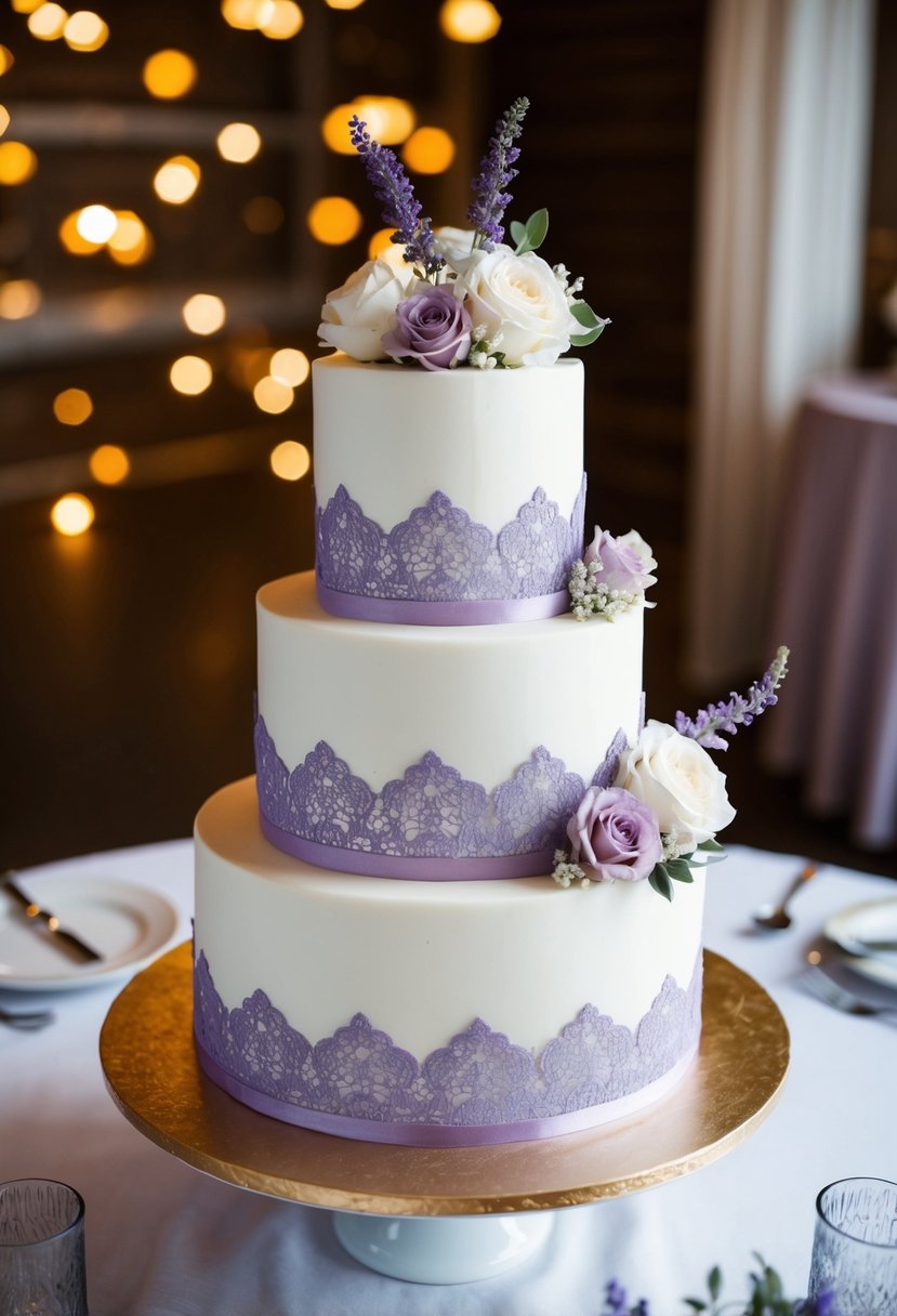 A three-tiered wedding cake adorned with delicate lavender lace and floral accents