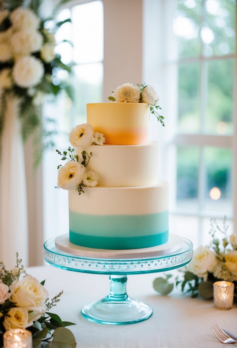 A chic ombre layered cake stands on a glass cake stand, adorned with delicate flowers and surrounded by elegant wedding decor