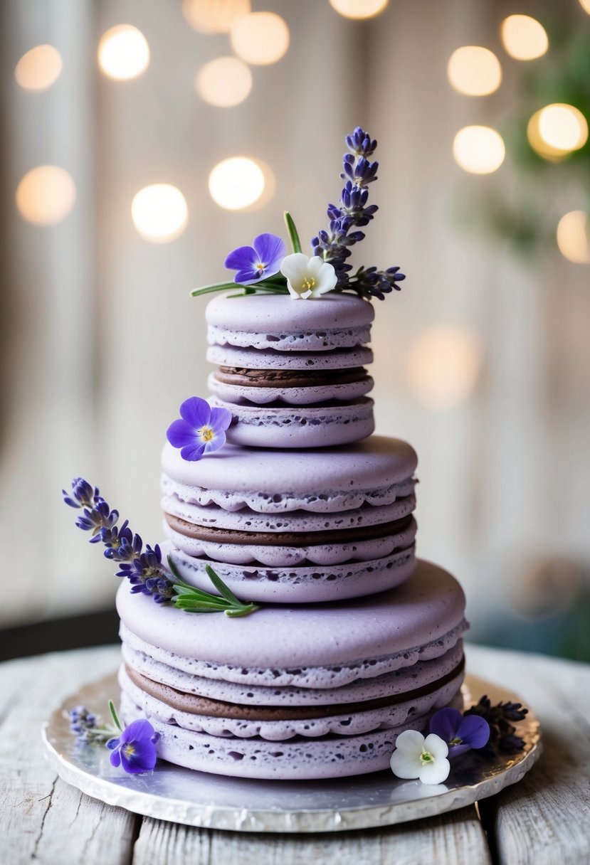 A three-tiered lavender macaron cake adorned with fresh lavender sprigs and delicate edible flowers