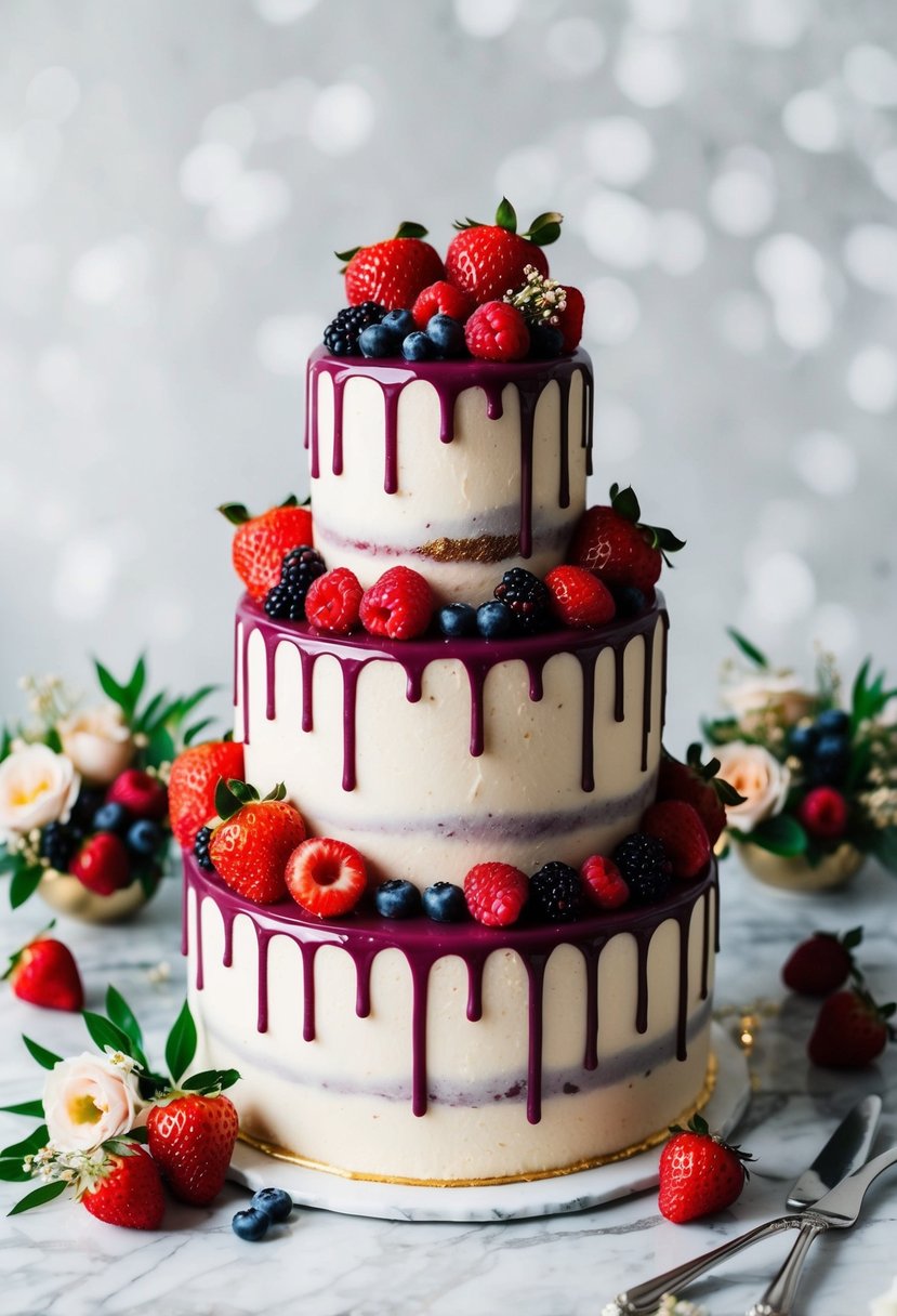 A three-tiered berry drip cake with gold accents sits on a marble table, surrounded by fresh berries and delicate floral arrangements