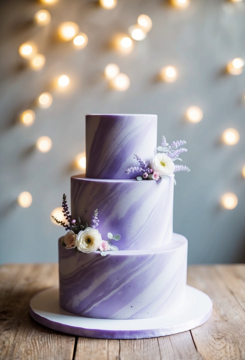 A three-tiered lavender marbled fondant cake with delicate floral accents