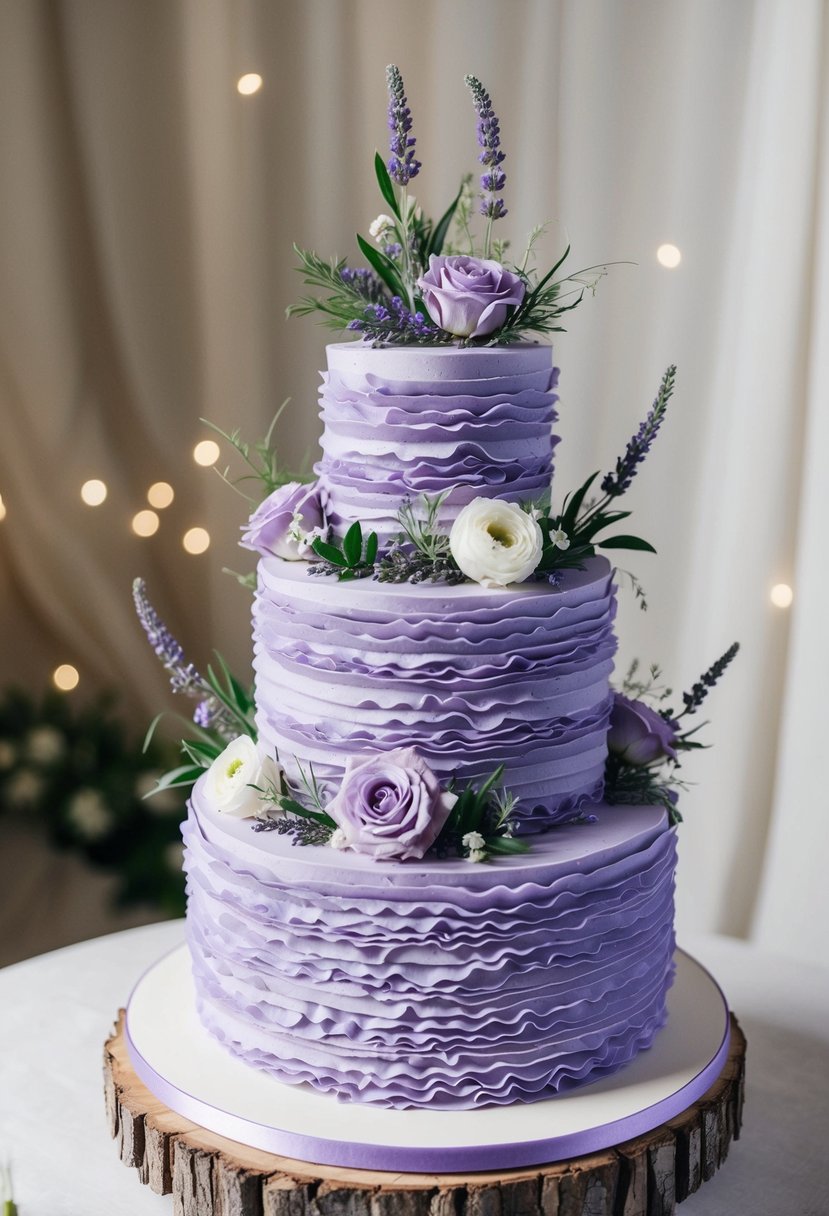 A three-tiered lavender ruffle cake adorned with delicate lavender flowers and greenery, set against a soft, romantic backdrop